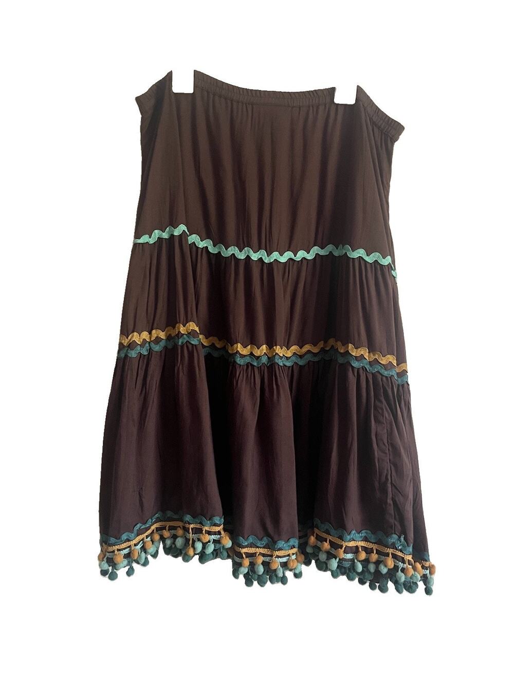 Double D Ranch Women S Brown Tiered Pom Pom Boho Midi Skirt Western FLAW